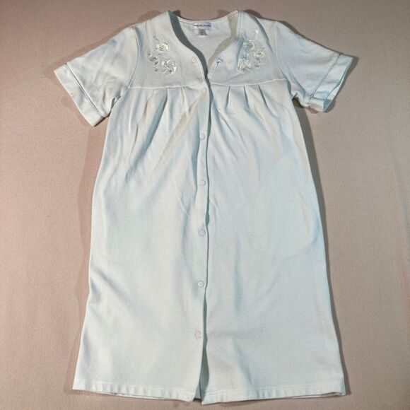 Miss Elaine Bath Robe Med Mint Green‎ Waffle Knit Embroidered Cottagecore Granny - Picture 1 of 11